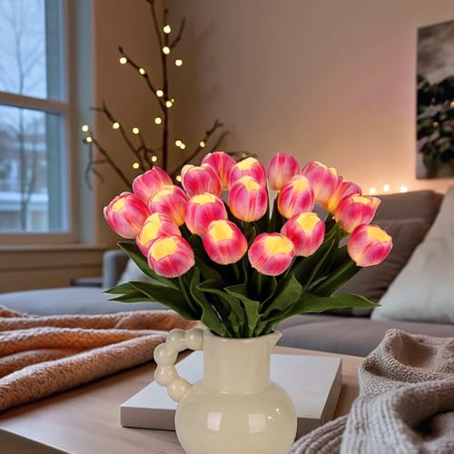 HOMESEASONS 20 Stems LED Lighted Artificial Flowers Tulip Lamp Real Touch Tulips Faux Flower Lights for Valentine's Day and Easter Home Kitchen Wedding Dining Table Decor(Hot Pink) - color: Hot Pink