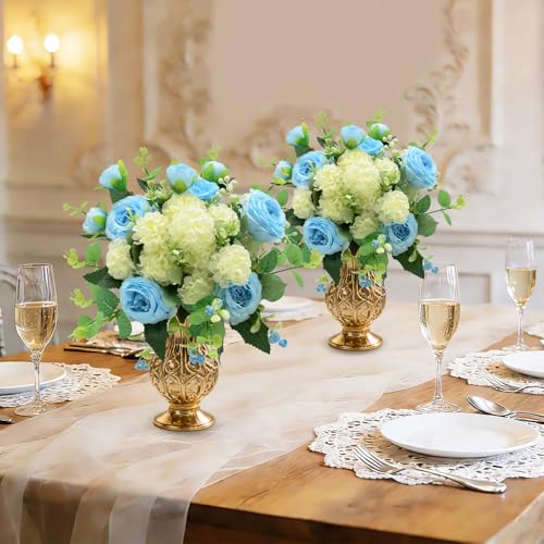 Artificial Flowers Bouquet, Blue Silk Peonies Chrysanthemum Mixed Bouquet with Eucalyptus, Artificial Roses Bouquet for Wedding Centerpieces Bridal Bouquet Mohter's Day Valentine's Day Home Decor - color: Blue