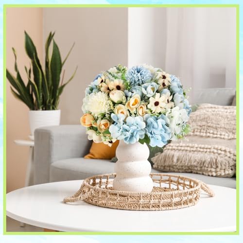 Tigeen Peonies Artificial Flowers Faux Roses Silk Flowers Hydrangea Artificial Bouquet for Wedding Table Centerpiece Floral Vase Home Office Bridal Decor(Champagne White, Blue,12 Bundles) - color: Champagne White, Blue