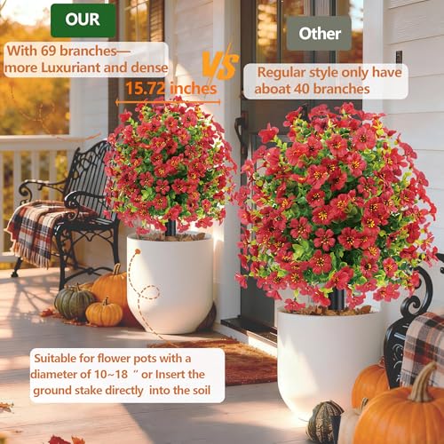 23" Set of 2 Spring Artificial Boxwood Topiary Ball Tree with Spikes,UV Resistant Fake Outdoor shrubs with Violet Flowers, Realistic Faux Plants Bushes for Garden Front Porch Yard Patio (Red)