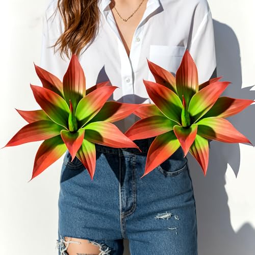 Ttranewsoo Artificial Agave Plants,Large UV Resistant Fake Agave Planters 12" for Indoor and Outdoor Decorating Tropical Plant Succulents Greenery Indoor Decor (2Pack, Red) - color: Agave12-re2