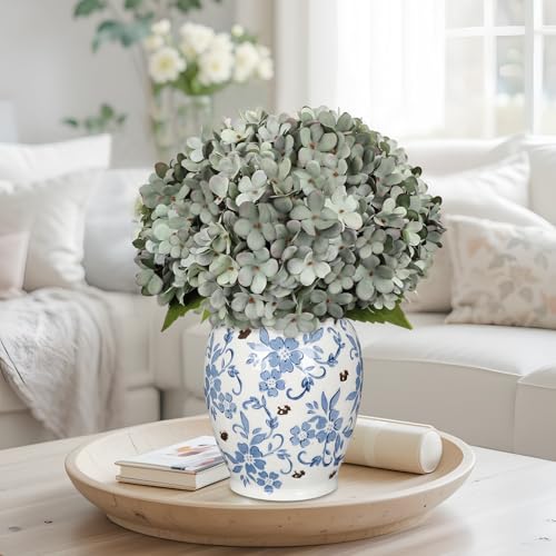 Hollyone 6Pcs Grey Blue Hydrangea Artificial Flowers Faux Real Touch Hydrangeas Silk Flowers with Stem Fake Spring Florals Flower for Home Wedding Table Centerpiece Vase Arrangements Fall Decoration