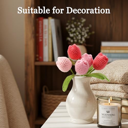 Omldggr Crochet Flower Bouquet with Blank Greeting Cards, Handmade Crochet Tulips, Graduation Bouquet, Crochet Plant for Valentines Day, Friends, Mother's Day, Birthday Wedding Home Decor - color: Pink-tulips