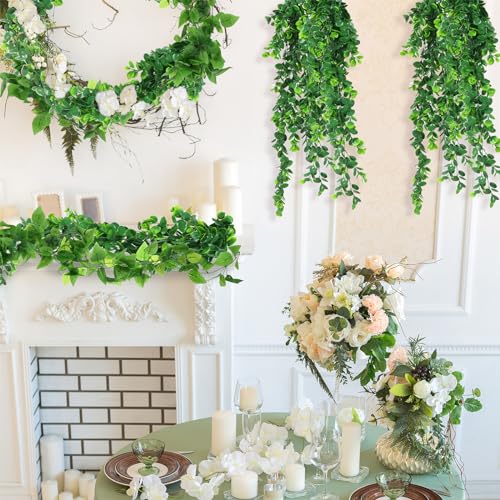 Hoteam 12 Pcs Artificial Hanging Plants 32 Inch Fake Ivy Vines with Fake Leaves Patio Artificial Plants Greenery for Living Room Indoor Outdoor Wall, No Basket (Pothos,Eucalyptus) - color: Pothos, Eucalyptus