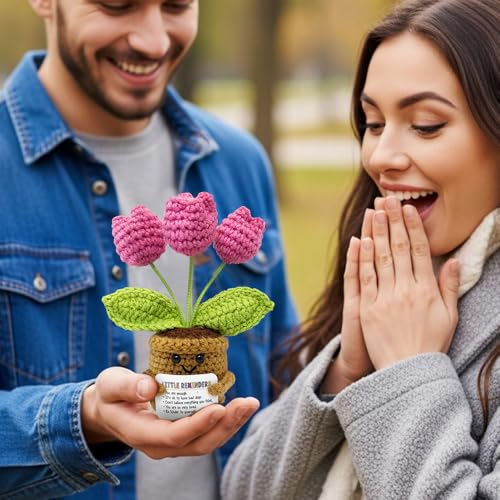 Ucuber Handmade Crochet Tulips Flowers, Positive Crochet Flower Emotional Support Gift,Inspirational Appreciation Birthday Gifts for Women, Mom, Teacher, Coworker (Little Reminders)