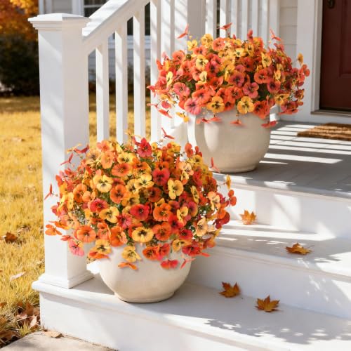 Artificial Fall Flowers for Outdoor, 12 Bundles Faux Pansy Fake Mums Flowers Plants Outdoor Fall Decor, UV Resistant No Fade Silk Flower for Porch Planter Patio Yard Garden(Orange Autumn Sunset Red) - color: Orange Autumn Sunset Red