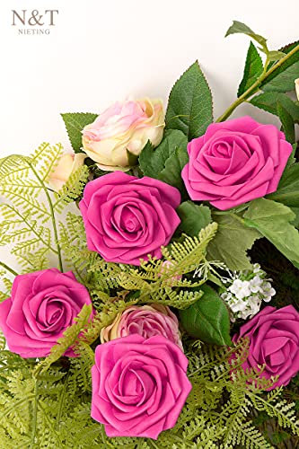 N&T NIETING Artificial Flowers, Hot Pink Artificial Roses, 50pcs Fake Flowers with Stem for DIY Wedding Bouquets Centerpieces Bridal Baby Shower Party Home Arrangement Decoration - color: Hot Pink, size: 50pcs