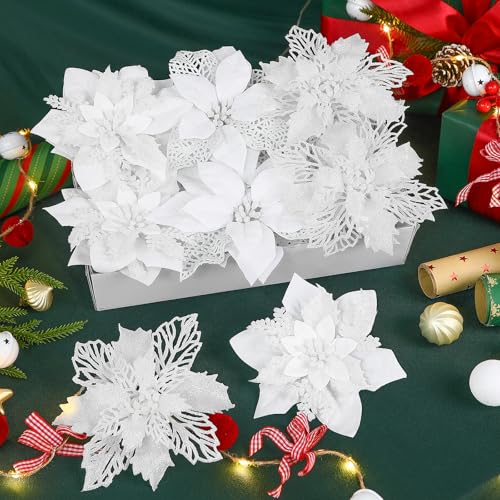 Alupssuc 24 PCS 3 Styles 6'' Poinsettia Christmas Flowers Artificial, Glitter Artificial Flower, Christmas Decorations for Xmas Tree Party Wreath Fireplace, New Year Ornaments, White - color: White