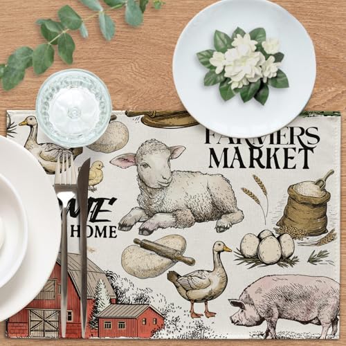 Vintage Farm Animals Placemats Set of 4, Farmhouse Country Barn Lamb Pig Chick Duck Tractor Dining Place Mats Table Decor, Retro Farmer Market Home Sweet Home Kitchen Decoration 12''x18'' - color: Farm, size: Placemats 12''X18''