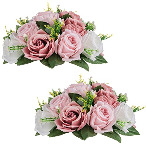 NUPTIO Flower Balls for Table Centerpieces: Dusty Pink White Fake Flowers | for Wedding Party Decor - 2 Pcs 9.5 inch Artificial Rose Bouquet Arrangements for Birthday Decorations - color: Dusty Rose & White, size: 2 Pcs