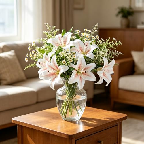 Kimura's Cabin 6Pcs Tiger Lily Artificial Flowers Real Touch Faux Lilies with Stems Fake Plants Lilys Bouquet for Easter Floral Arrangements Wedding Home Table Centerpiece Decor(Pink core White) - color: Pink Core White