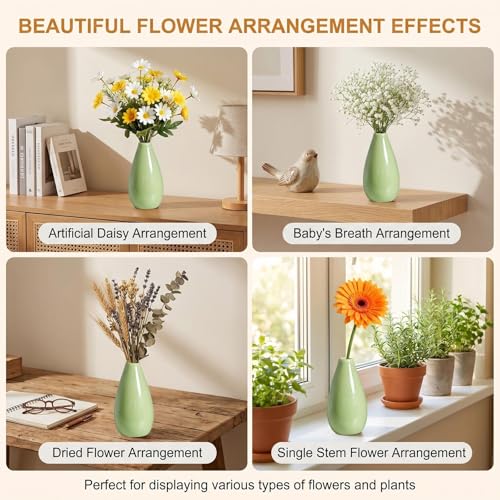 10.5cm/4.1 inch Tall Ceramic Bud Vase Mini Single Stem Small Flower Vase Small Mouth Floral Vases Decorative Shelf Centerpieces Floral Holder for Home Office Decor (Green) - color: Green