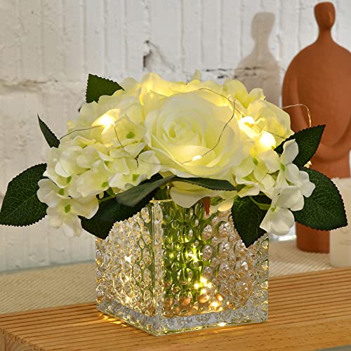 Fule Artificial Silk Rose Flower Centerpiece Arrangement in Glass Vase with LED Light for Home Wedding Decoration (Spring White) - color: Spring White