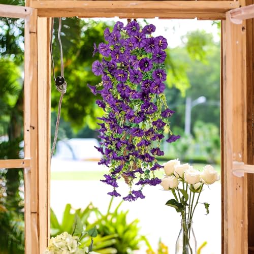 4PCs Hanging Morning Glory UV Resistant Artificial Outdoor Flowers,Faux Flowers for Planters,Hyeflora Cascading Plants Garden,Home Decor,Wedding,Patio,Porch,Yard(Purple,2 Bunches/4Pcs) - color: Purple, size: 2 Bunches/ 4Pcs