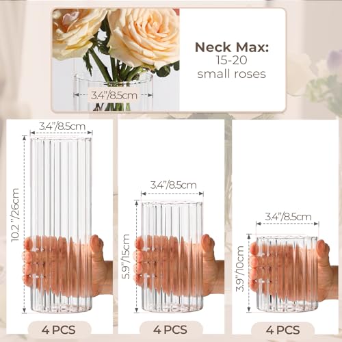 ComSaf Glass Cylinder Vases Pack of 12, Clear Ribbed Bud Vases for Centerpieces Weeding Decoration, 4 inch 6 Inch 10 Inch Tall Clear Flower Vases in Bulk, Hurricane Candle Holder for Party Home Decor - size: 4+6+10 Inch Tall (Assorted)