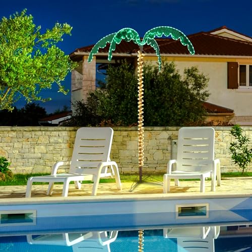 VINGLI 7FT Lighted Palm Tree, Outdoor Artificial Palm Tree with Lifelike Leaves and Rope LEDs for Outside Patio Pool Yard Holiday Decor - size: 7ft 3in
