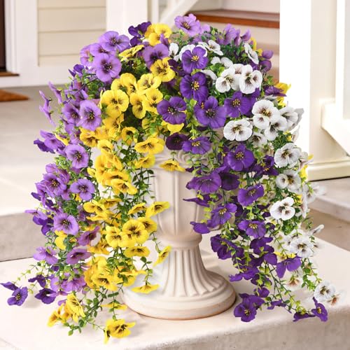 Fake Artificial Flowers for Outdoors, 4 Pcs Faux Hanging Pansy Flowers Spring Summer Decor, UV Resistant Fake Plants Silk Flower for Planter Front Door Porch Patio Yard Garden(Purple Yellow White) - color: Double Purple,white,yellow