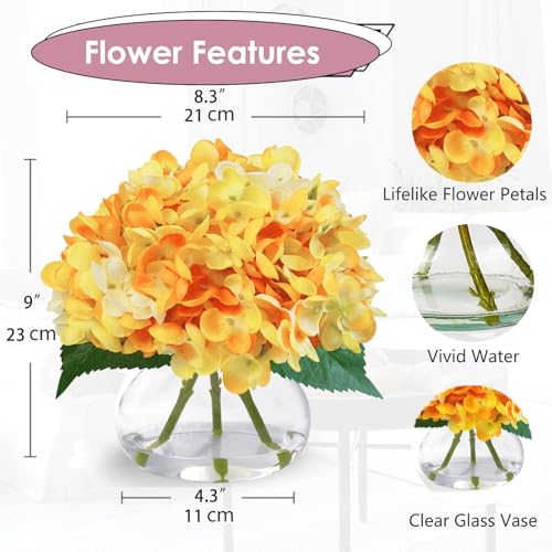 Hydrangea Artificial Flowers in Glass Vase, Orange Silk Fake Flowers Silk Centerpiece Table Decorations for Dining Room， Coffee Table Decor，Wedding, Home with Faux Water Decor（Orange） - color: Orange