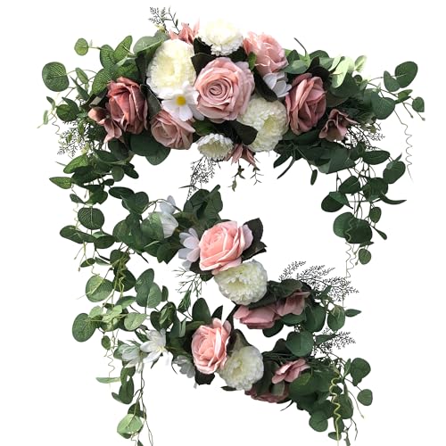 Wedding Arch Flowers,3Pcs Set White Rose Decorative Floral Swags, Artificial Greenery Eucalyptus Leaves Flower For Sheer Drapes, Wedding Chair, Arbor, Wedding Ceremony and Reception Arrangement - color: Dusty Pink