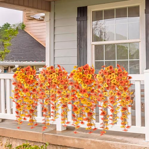 Artificial Fall Flowers for Outdoor, 4 Pcs Faux Pansy Fake Mums Plant Hanging Flowers Outdoor Fall Decor, UV Resistant No Fade Silk Flower for Front Door Porch Planter Patio Yard Garden(Orange Golden) - color: Orange Golden