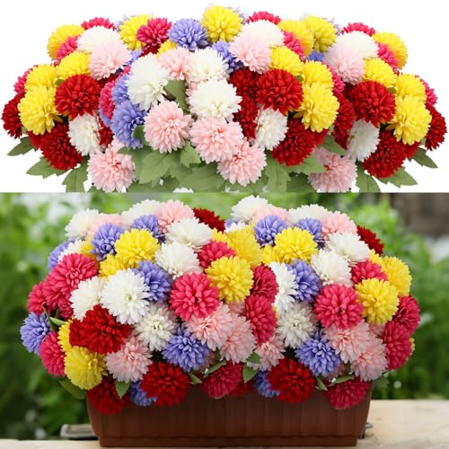 XunYee 12 Pcs Artificial Flowers for Outdoor Indoor Spring Faux Chrysanthemums Mums Fake Flowers Plants for Outside Garden Porch Window Patio Spring Marigold for Vase Table Wedding Home Decor - color: Vivid