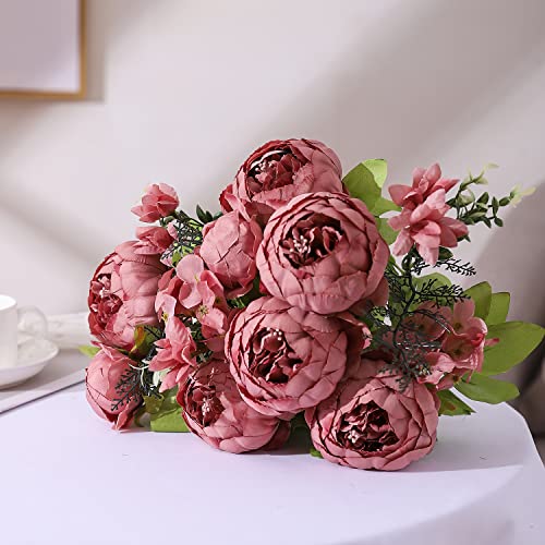 Duovlo Artificial Peony Silk Flowers Fake Flowers Vintage Wedding Home Decoration,Pack of 1 (Rosy Brown) - color: Rosy Brown