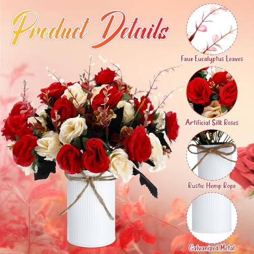 Domensi 6 Sets Wedding Centerpiece for Table Artificial Rose with Vase Fake Bouquets and Metal Pot Flower Arrangements for Bridal Shower Birthday Party Event Table Decor (Red) - color: Red