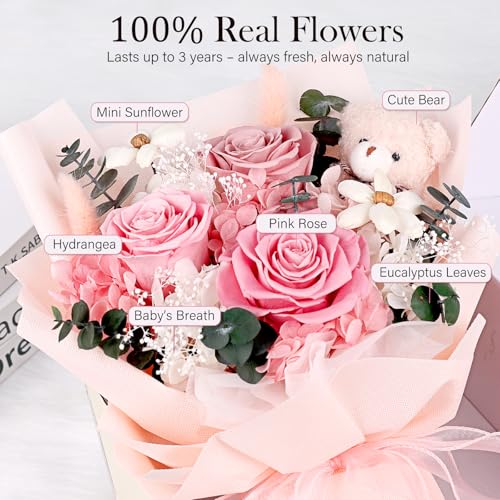 Preserved Flowers Bouquet with Bear, 3 Real Forever Flowers for Delivery, Long-Lasting Pink Eteranl Roses Bouquet, Anniversary Birthday Gifts for Women Mom Her Girlfriend Wife - color: Pink