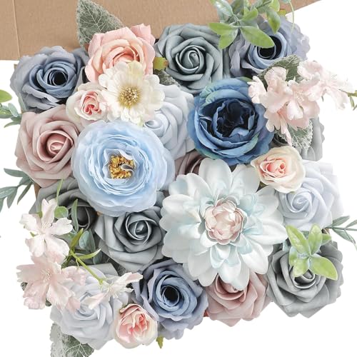 Artificial Flowers Box Blue Pink Silk Fake Rose for DIY Wedding Bridal Bouquets Cake Floral Arrangement Table Centerpieces Baby Shower Birthday Party Home Decor - color: Blue