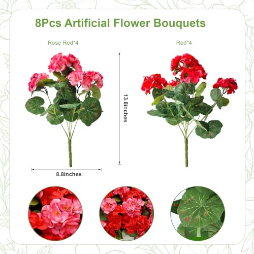 8 Bundles Artificial Geranium Fake Flowers for Outdoor UV Resistant, Outside Spring Red Pink Flower Decoration for Home Kitchen Table Cemetery Garden Planter, Front Door Silk Faux Plants - color: Red+rose Pink, size: 8ps