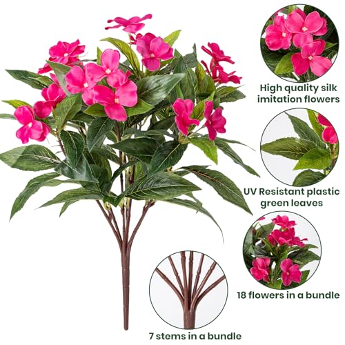 Nigirior Artificial Fake Flowers for Outdoor Décor 6 Bundles UV Resistant Fake Plants for Planter Faux Impatiens for Home Porch/Garden Stunning（Rose Red） - color: Rose Red