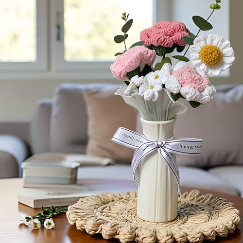Completed PinkGi Crochet Flowers Bouquet, Handmade Knitted Bouquet, Crochet Artificial Flowers for Mother's Day Birthday, Wedding Home Decor, Gifts for Mom (Pink Crochet) - style: Pink Crochet