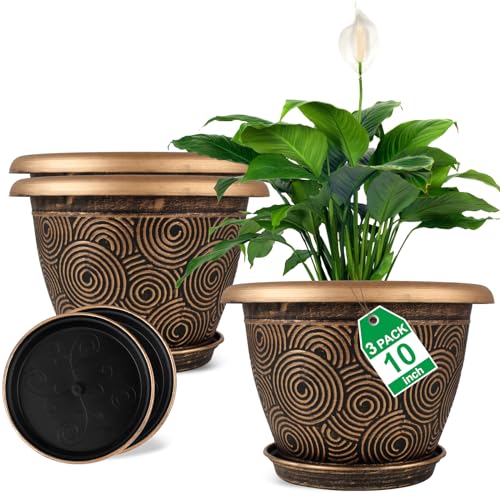 Fodetyff 10 Inch Flower Pots Planters for Indoor Outdoor Plants, 3 Pack Plastic Large Plant Pots with Drainage Hole & Tray, Modern Decorative Garden Pot with Saucer, Plant Container for House - color: Gold, size: 10 inch-3 pack