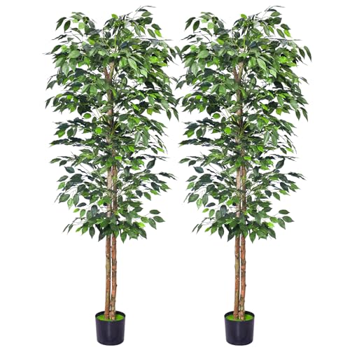 HAIHONG 2Packs 6FT Artificial Ficus Trees with Realistic Leaves and Natural Trunk, Faux Ficus Tree with Sturdy Plastic Nursery Pot, Fake Ficus Tree for Office Home Farmhouse for Indoor Outdoor Decor - color: Ficus Tree, size: 2Packs 6FT