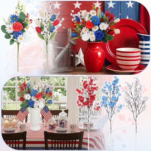 4th of July Artificial Flower Bouquet, 11 Stems Red White and Blue Faux Flowers with Roses Tulips and Baby's Breath, Patriotic Table Centerpiece for Home Vase Decor