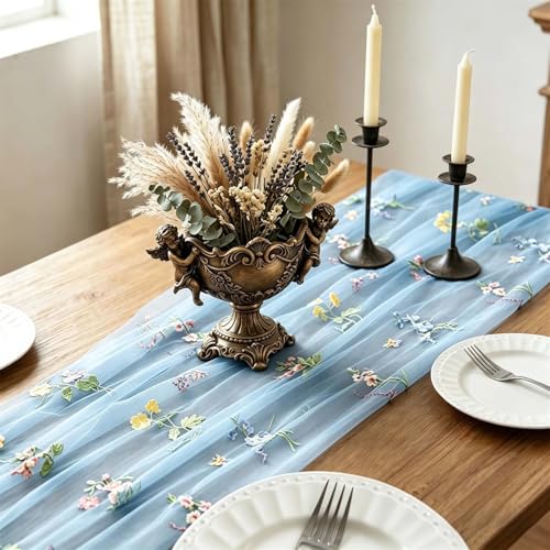 Blue Floral Table Runner 10ft Embroidery Tulle Spring Wildflower Table Runner Seasonal Summer Butterfly Kitchen Dining Gauze Decoration for Baby Shower Wedding Party Birthday (1 Pcs) - color: Blue