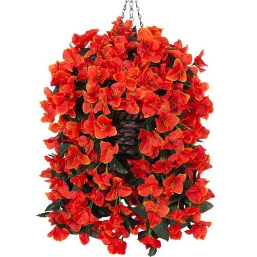 Ivydale Bougainvillea Artificial Hanging Fake Flowers with Basket for Outdoors Decoration, Faux Silk Flowers UV Resistant Fake Plants Long Vines Realistic for Outside Front Door Porch, Orange - color: Orange