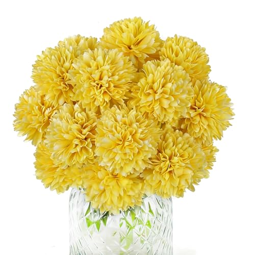 20Pcs Yellow Chrysanthemums Artificial Flowers Fake Silk Ball Flowers Mums Bouquets Arrangements Wedding Party Decor St Patricks Day Home Garden Table Centerpieces DIY Floral (Yellow) - color: Yellow
