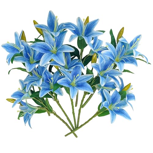 ATFL Artificial Lilies Flowers,9 Pcs Faux Lily Flowers,16''Tiger Lily Branches with 2 Full Blooms and 1 Bud,Faux Fake Lilies Plants for Wedding Bouquet Floral Arrangements (9, Blue) - color: Blue