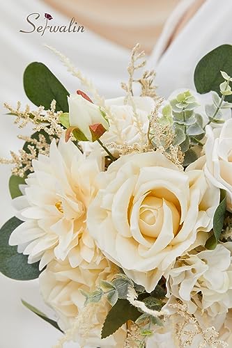 Serwalin 9.8in Wedding Bouquets for Bride, Boho Champagne Roses & Dahlia Flowers for Wedding Decoration - color: Boho Champagne