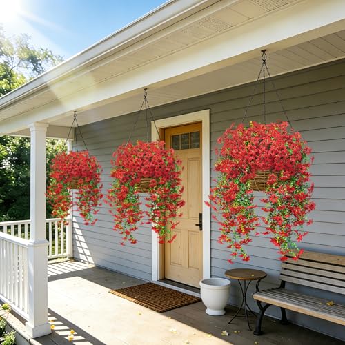 Roberly 4 Pcs Artificial Hanging Flowers for Outdoors, Realistic Faux Silk Flowers UV Resistant Fake Greenery Plants for Spring Summer Garden Porch Indoor Outdoor Home Decor, Red - color: Red