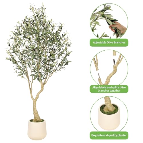Realead 6ft Artificial Olive Tree with Tall Exquisite Planter - Realistic Faux Olive Tree with Thick Trunk and Lifelike Fruits - Large Fake Olive Tree for Home Office Decor - size: 6ft