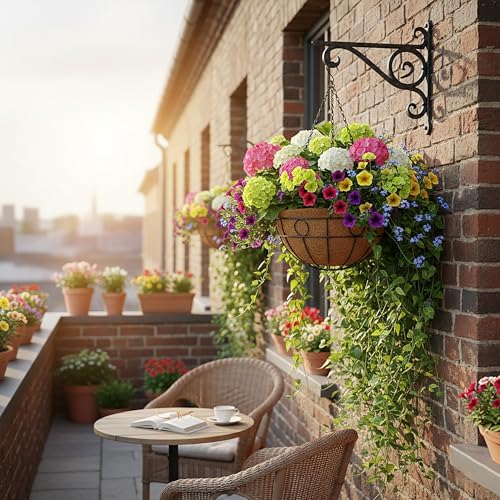 Classic Round Wire Hanging Basket 4 Packs 14 Inch Deep Coco Liner Water-Absorbing All-Weather Garden Deck Hanging Planter with Chain Flower Pot - size: 14 Inch, style: Circular