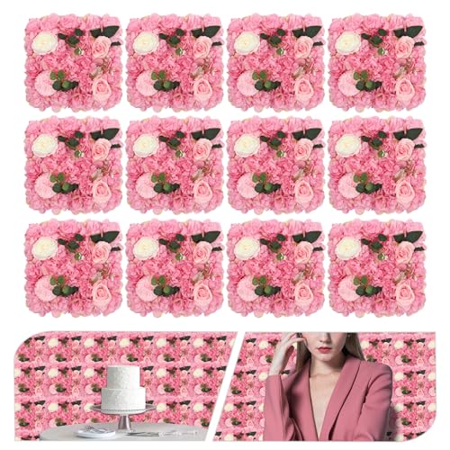 12Pcs Artificial Flower Wall Panel 3D Floral Backdrop Walls15 X 15" Flower Wall Decor Panel Flower Backdrop for Party Home Background Decor-Dark Pink, White - color: Dark Pink, White