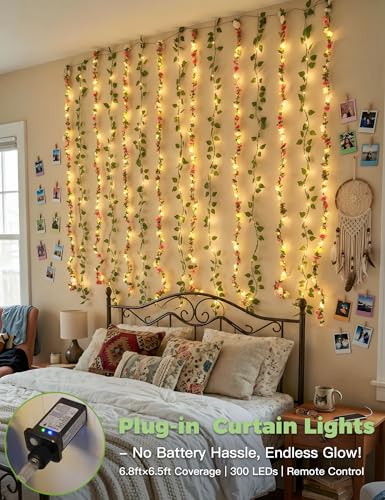 suddus 300 LED Artificial Flower Garland Pothos Vines Curtain Lights, Rose Vines Fairy Lights for Bedroom, Hanging String Lights for Wall, Room, Dorm, Wedding, Party, Indoor Decor 6.8ft x 6.5ft - color: Flower&Pothos, size: Plug In-300Led