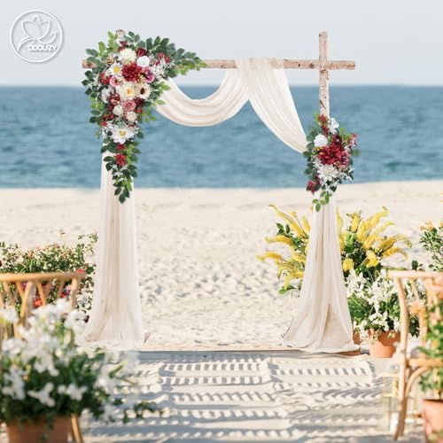 Odouzy Wedding Arch Flowers Kit,Artificial Flower Arch Decor (Set of 3),2pcs Artificial Flower Arrangement with 1pc Sheer Drape for Wedding Decor Reception Backdrop Floral Decorations (Wine Red) - color: Wine Red