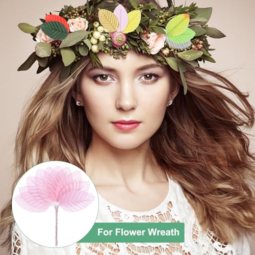 M METERXITY 100-Pack Artificial Silk Leaf, Faux Wire Single Leaves, Fake Flower Leaf with Stem for DIY Bouquet/Wreaths/Wedding/Garland/Party Decorations, Fake Rose Craft Leaves [Pink] - color: Pink