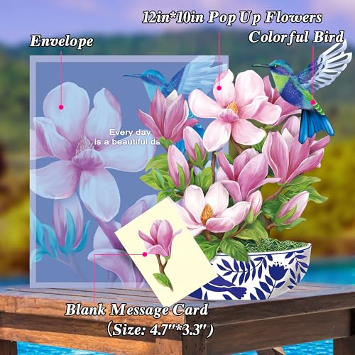 Airpark 3D Pop Up Paper Flowers Bouquet Card 12’‘ with Note & Envelope, Birthday Gifts, Get Well, Thank You, Greeting Cards for Women Mom Wife Friends, Magnolia & Bird - style: Magnolia Flower