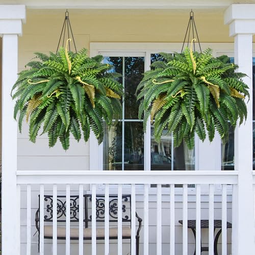 MARTINE MALL 2Pcs 48''/ 88 Leaves XXL Large Fake Ferns Artificial Ferns for Outdoors, UV Resistant Faux Boston Fern for Outdoor Planter Realistic Hanging Artificial Fake Plants for Porch Patio - color: Green, size: 2 PCS