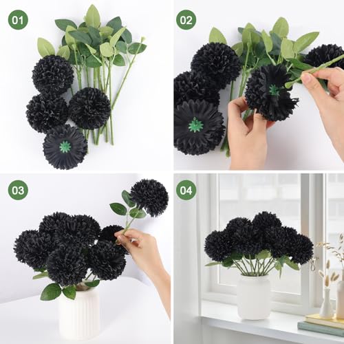 Hananona 12 Pcs Artificial Chrysanthemums Flowers Ball Flower, Fake Mums Flowers Black Silk Plants for Ghothic Home Decor Indoor Floral Arrangement Halloween Table Centerpiece (12, Black) - color: Black